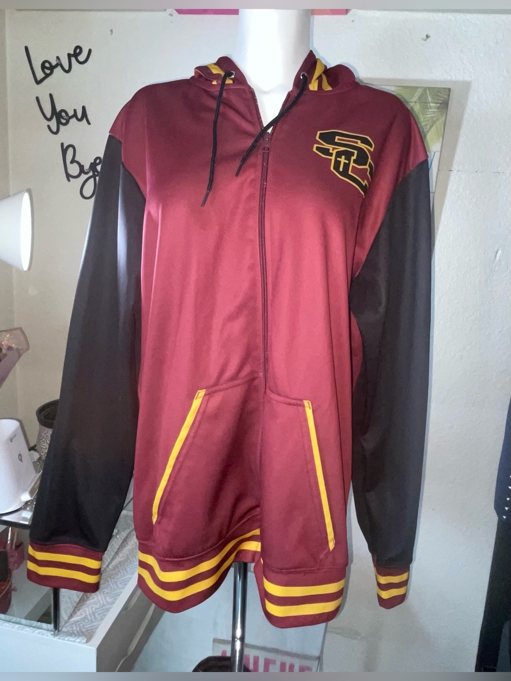 & Other Stories Maroon Hoodie Jacket with Black Sleeves and Gold Trim